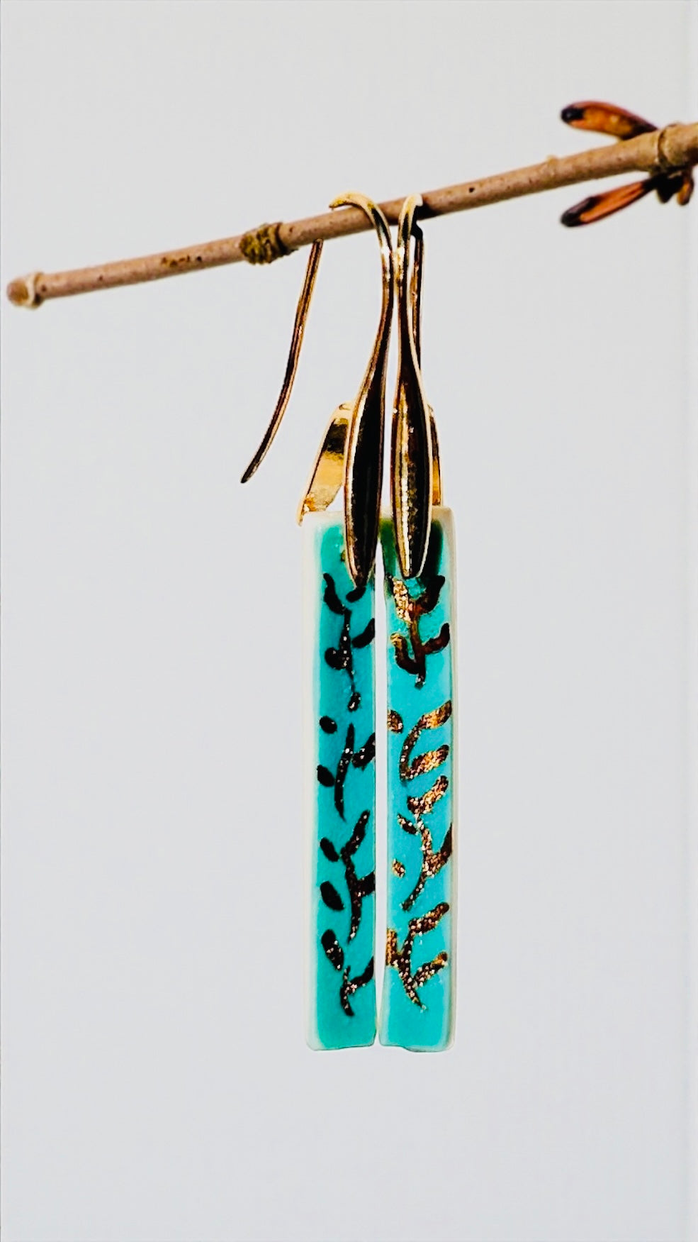 Porcelain long earrings gold leaves