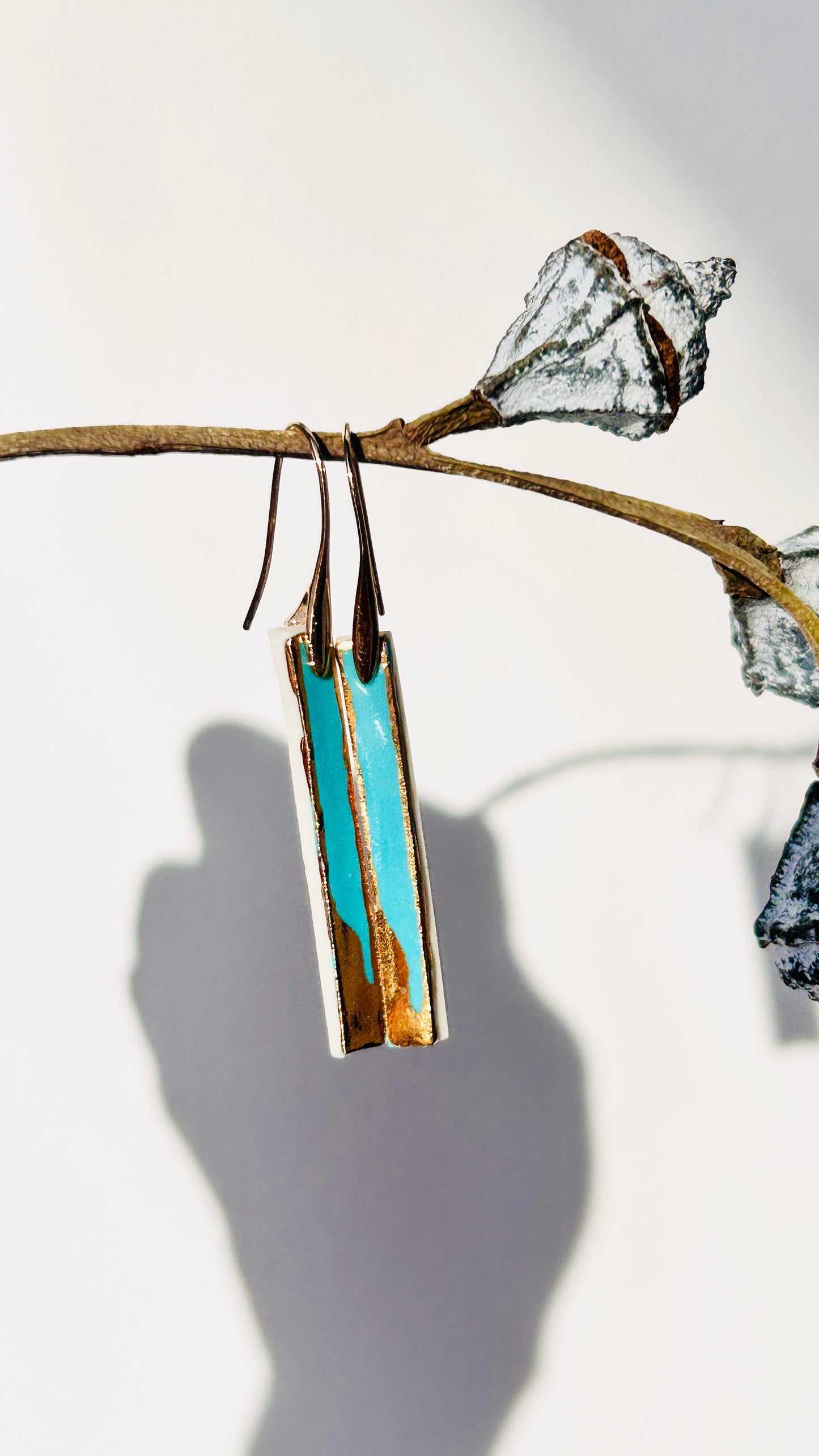 Long Turquoise Porcelain Earrings with 22k Gold Luster (Hand‑Painted Ceramic Jewelry)