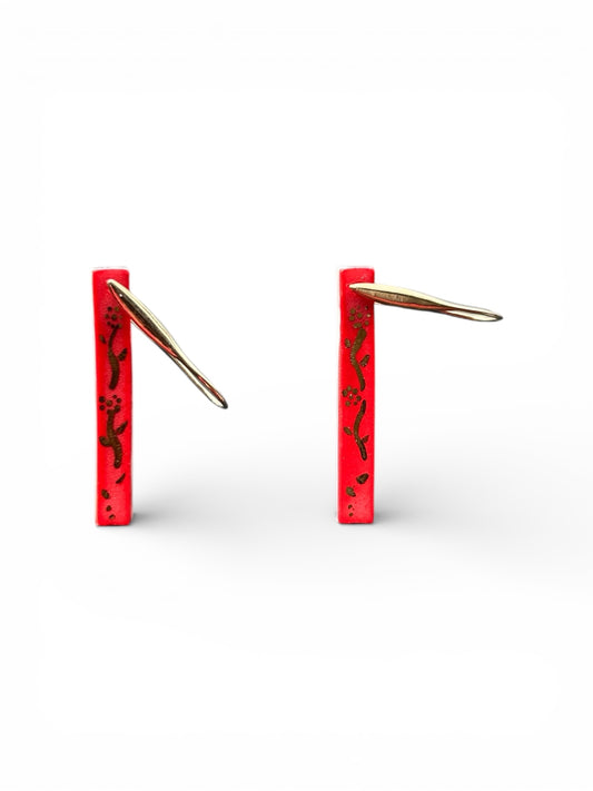 Long Red Porcelain Earrings with Gold Leaves — Handmade Ceramic Jewelry