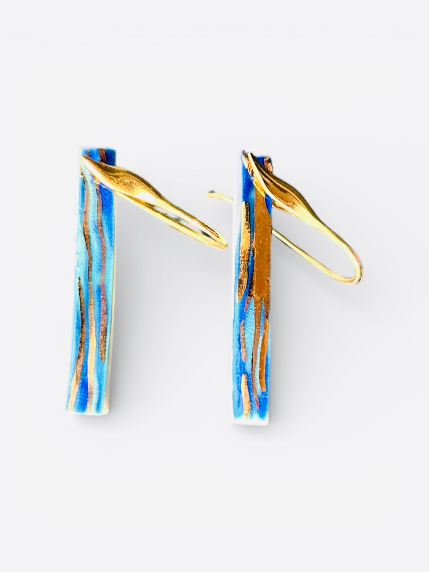 Memory of a Tide – Long blue Porcelain Earrings with 22k Gold Luster (Hand‑Painted Ceramic Jewelry)