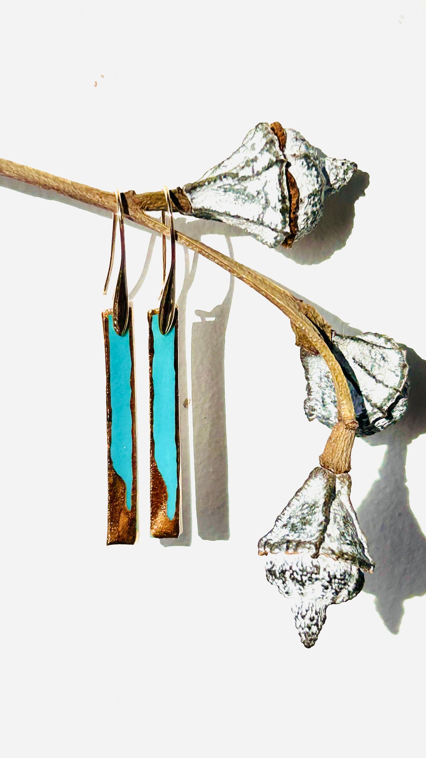 Long Turquoise Porcelain Earrings with 22k Gold Luster (Hand‑Painted Ceramic Jewelry)