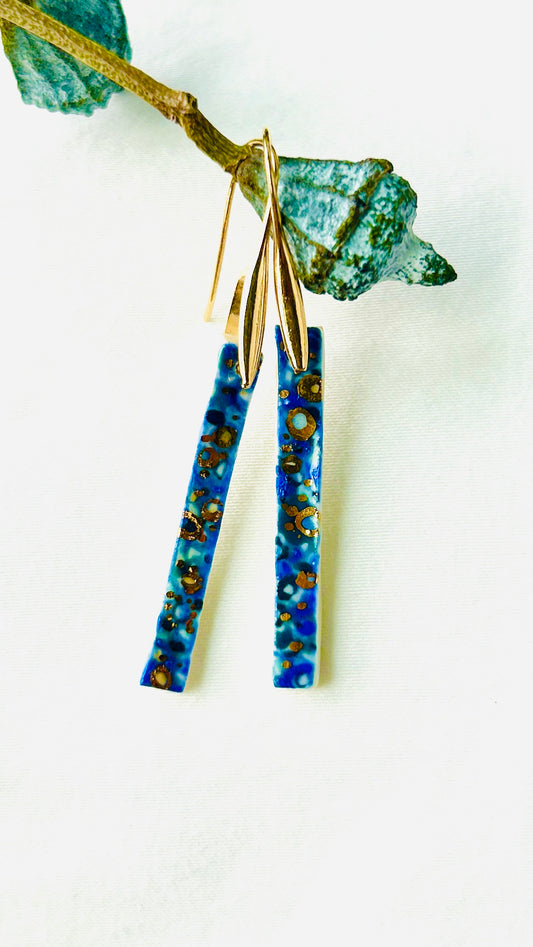‘Starry Night’ – Long blue Porcelain Earrings with 22k Gold Luster (Hand‑Painted Ceramic Jewelry)