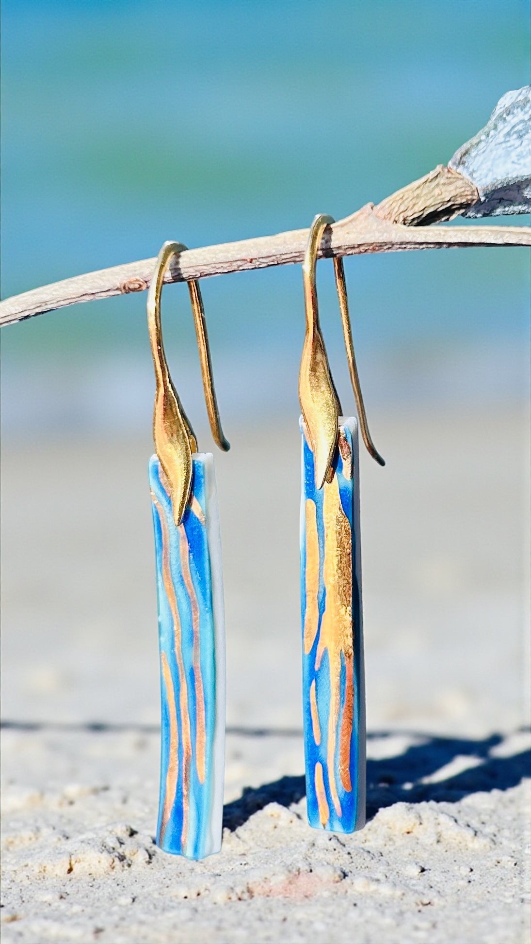 Memory of a Tide – Long blue Porcelain Earrings with 22k Gold Luster (Hand‑Painted Ceramic Jewelry)