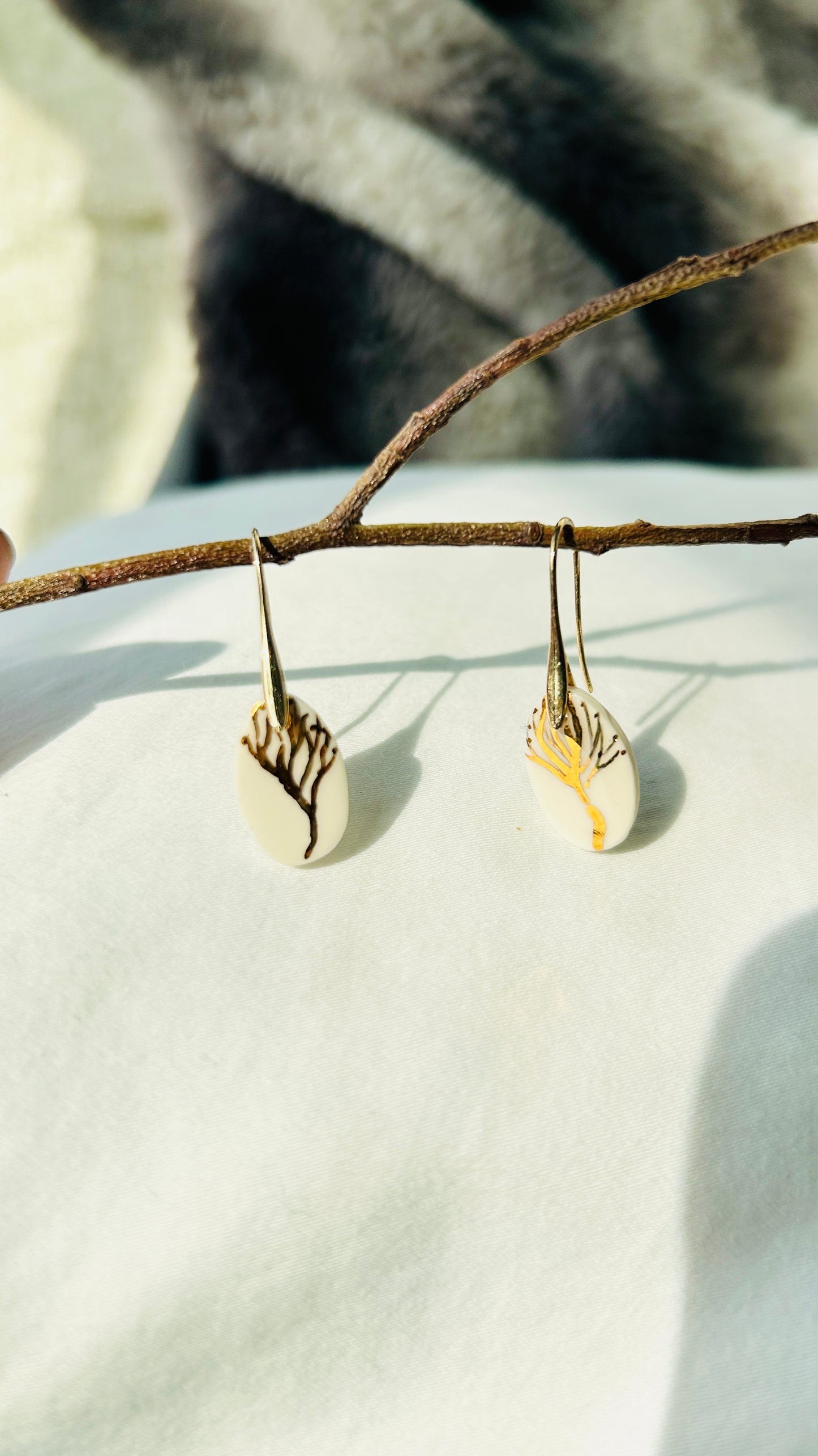 Porcelain Tree Earrings — Handcrafted Ceramic botanical ‑Inspired Jewelry with 22 k gold luster