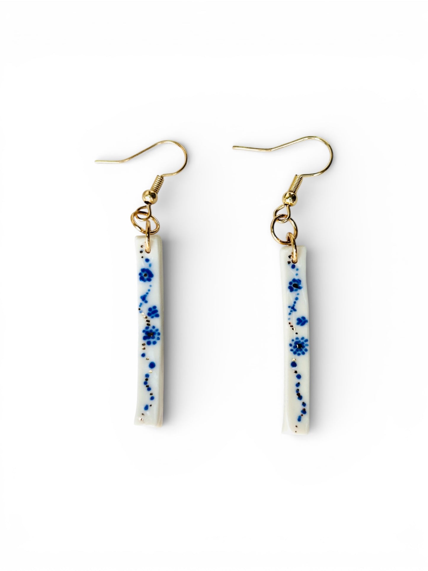 Porcelain long earrings - blue floral with 22 k gold luster