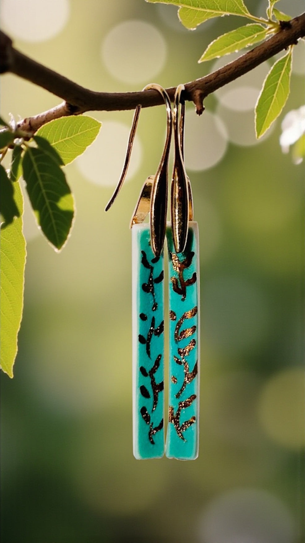 Porcelain long earrings gold leaves
