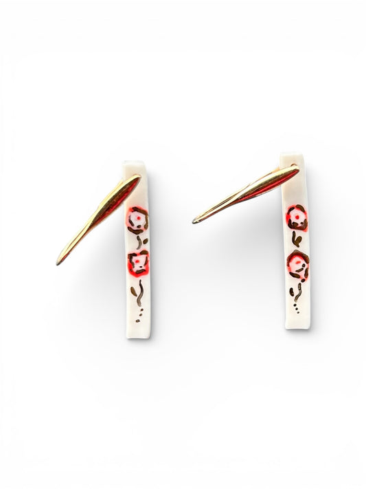 Long White Porcelain Earrings with Red and white Flowers & 22k Gold luster— Handmade Ceramic Jewelry