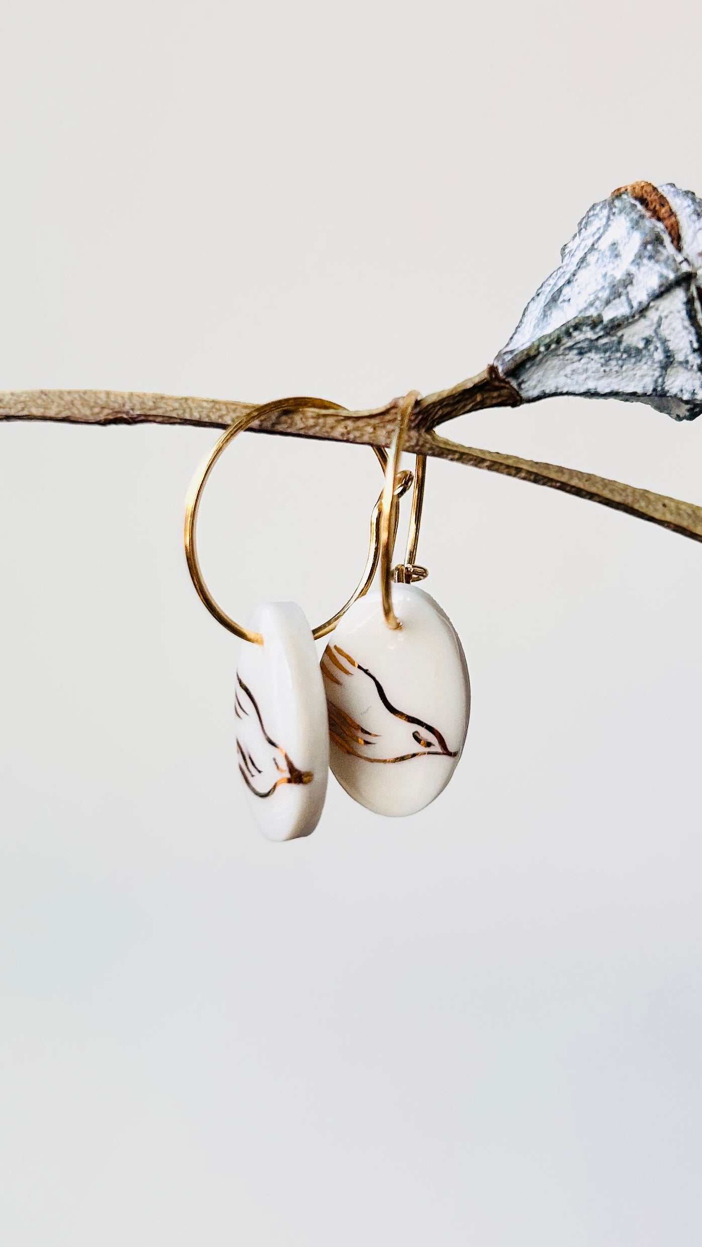 Porcelain dove earrings - 22 k gold luster
