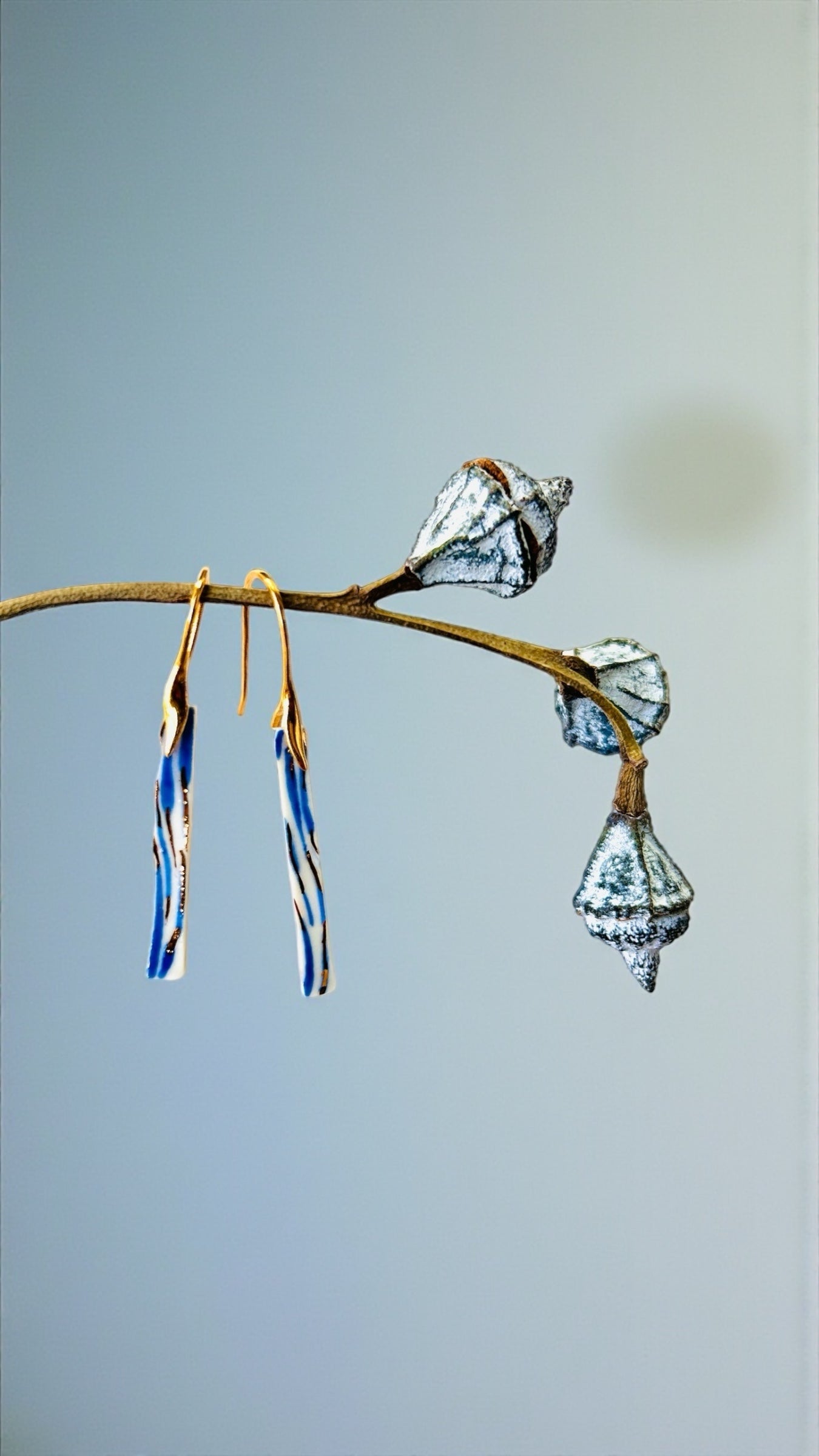 Memory of a Tide – Long blue and white Porcelain Earrings with 22k Gold Luster (Hand‑Painted Ceramic Jewelry)