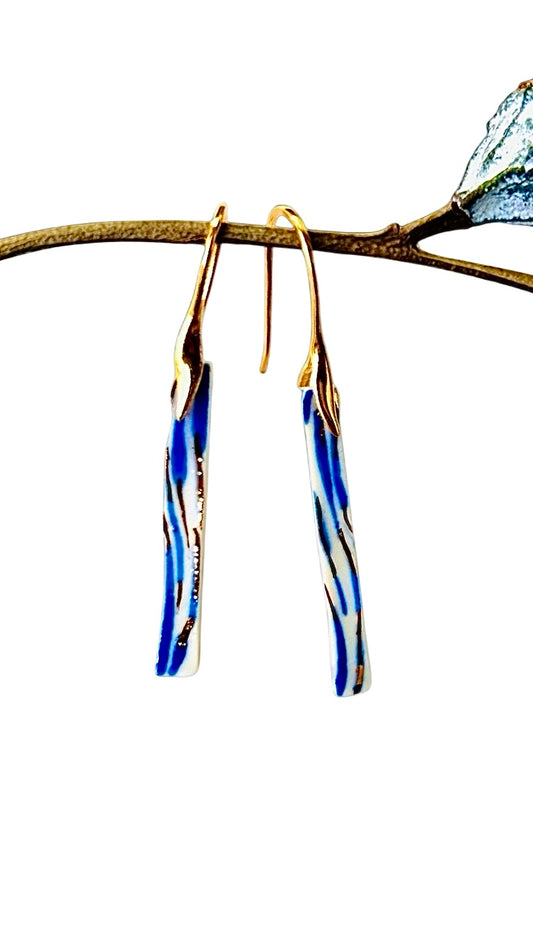 Memory of a Tide – Long blue and white Porcelain Earrings with 22k Gold Luster (Hand‑Painted Ceramic Jewelry)