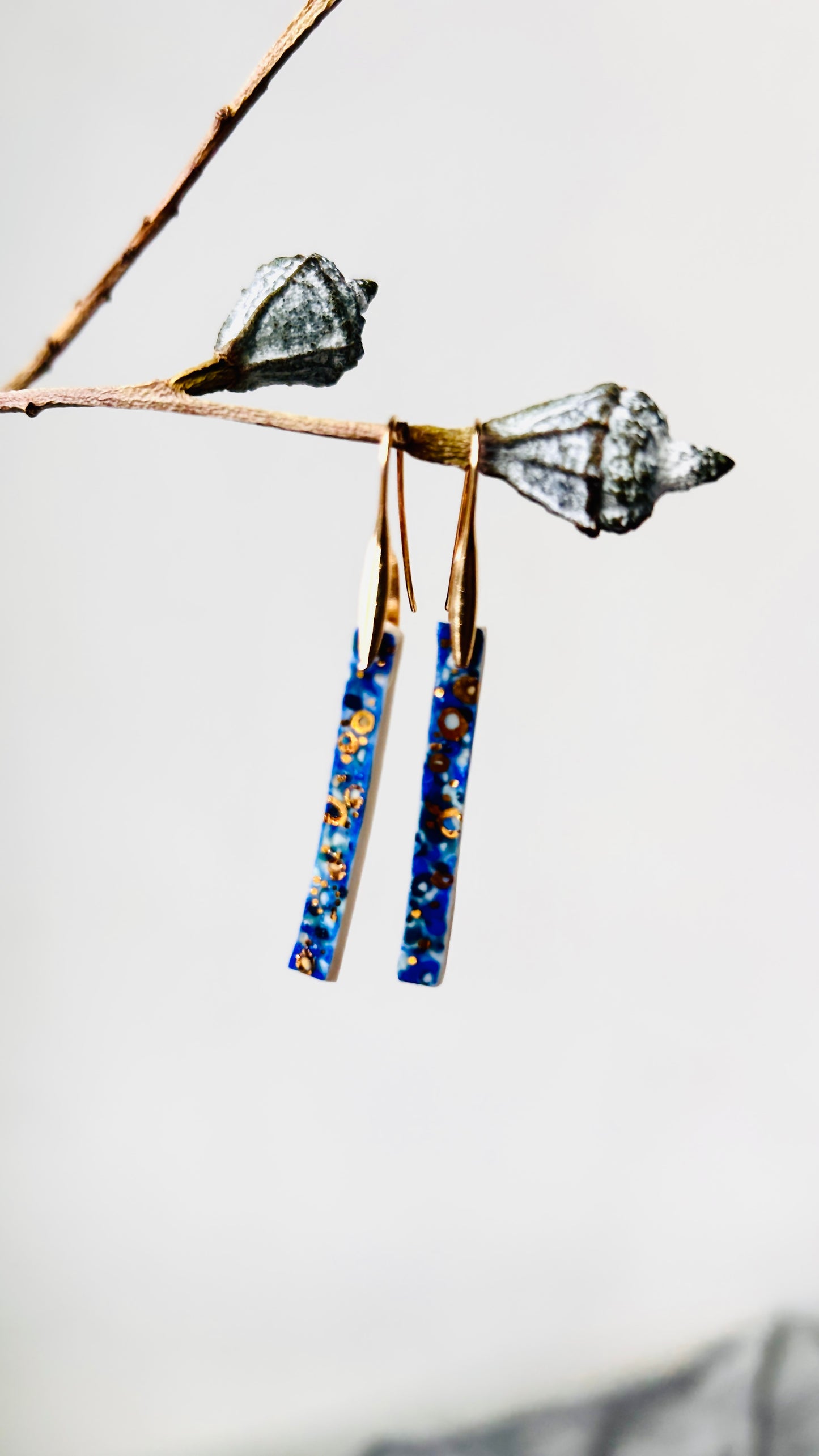 ‘Starry Night’ – Long blue Porcelain Earrings with 22k Gold Luster (Hand‑Painted Ceramic Jewelry)