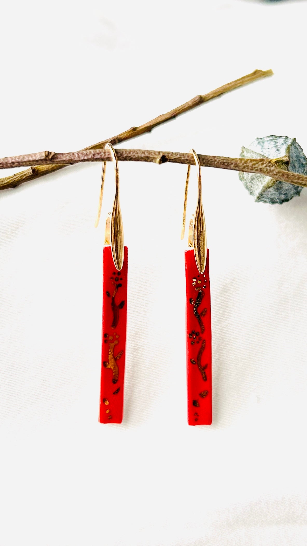 Long Red Porcelain Earrings with Gold Leaves — Handmade Ceramic Jewelry