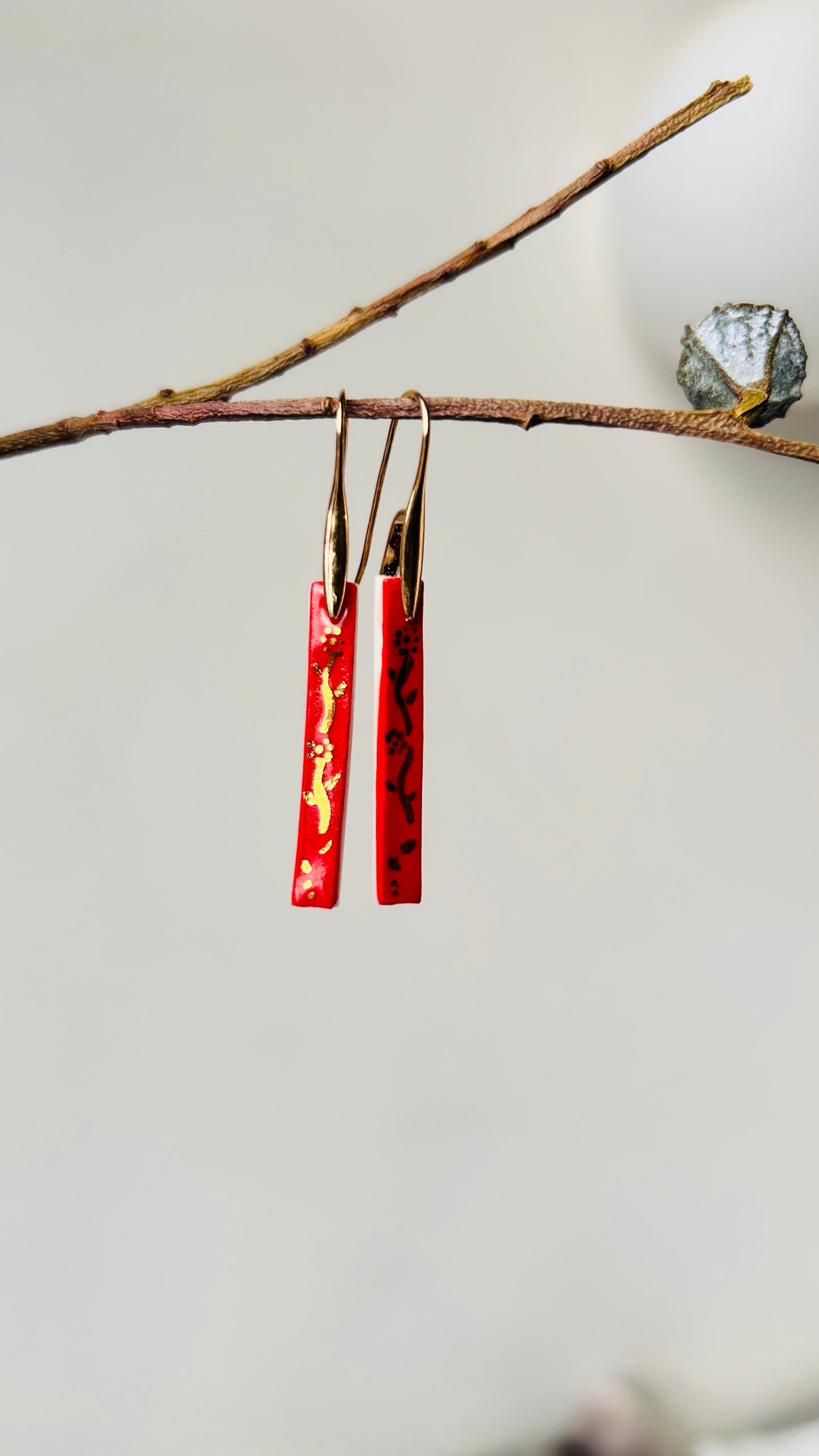 Long Red Porcelain Earrings with Gold Leaves — Handmade Ceramic Jewelry