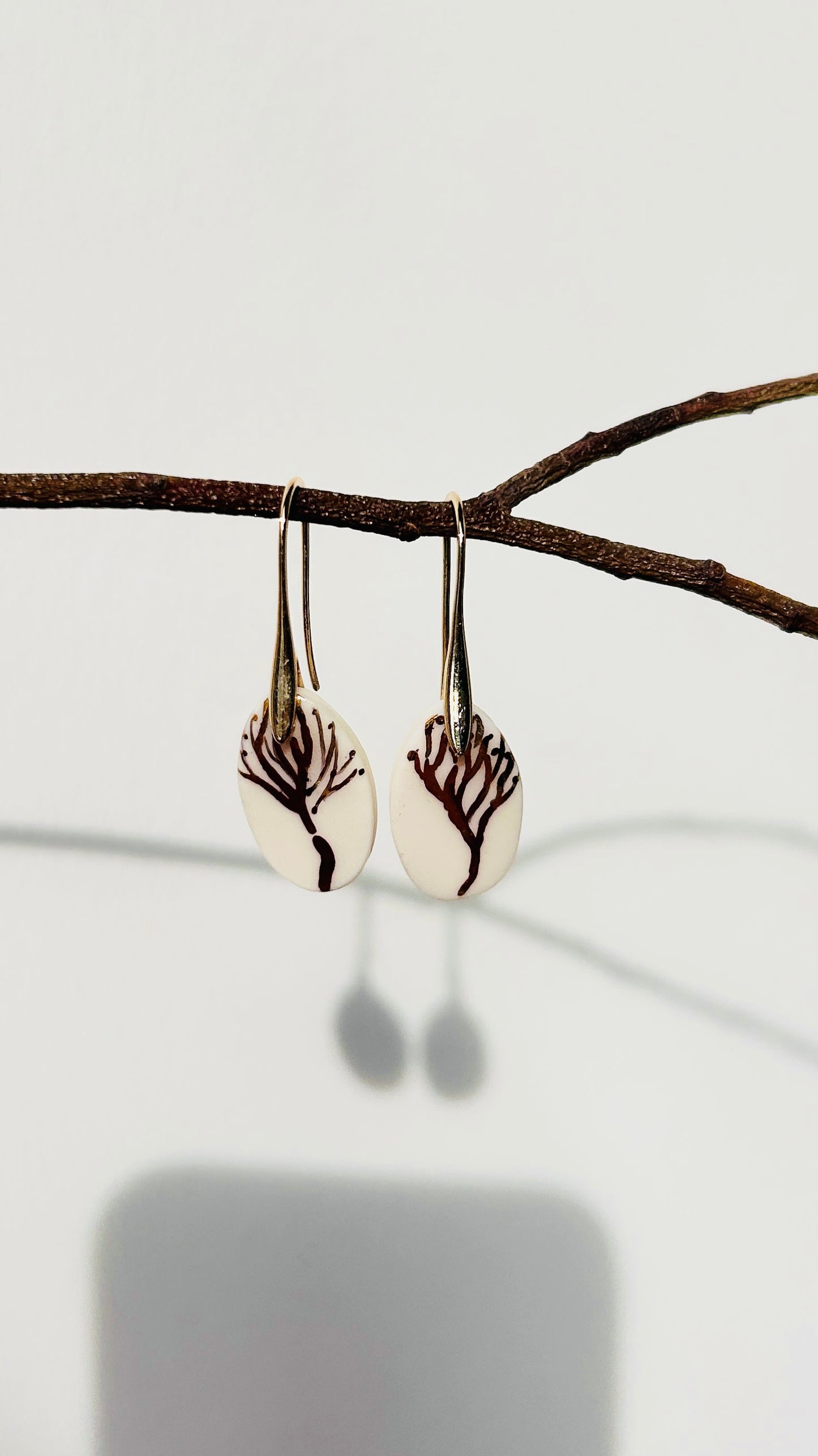 Porcelain Tree Earrings — Handcrafted Ceramic botanical ‑Inspired Jewelry with 22 k gold luster