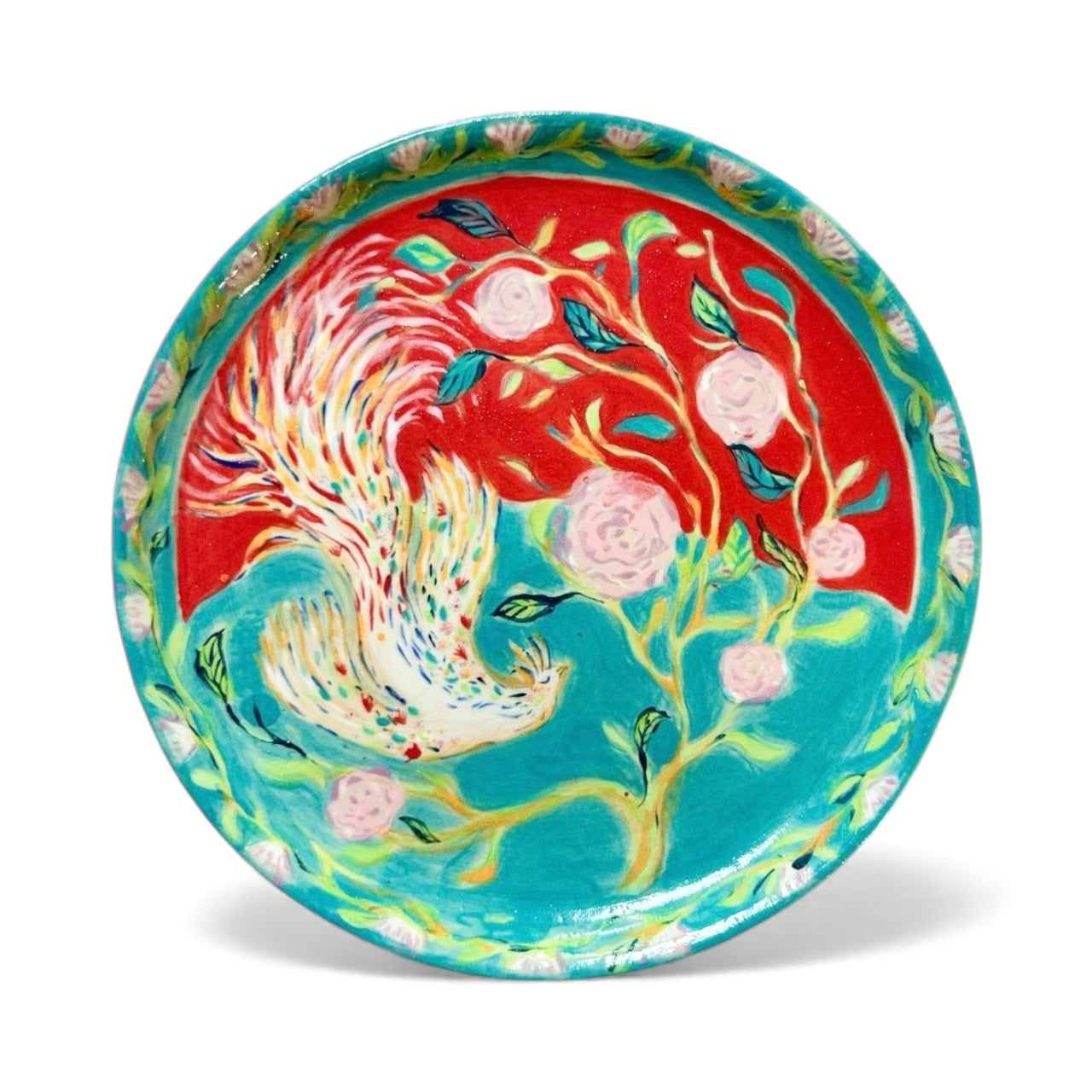 Assiette Phoenix et pivoines « volant à travers le feu »