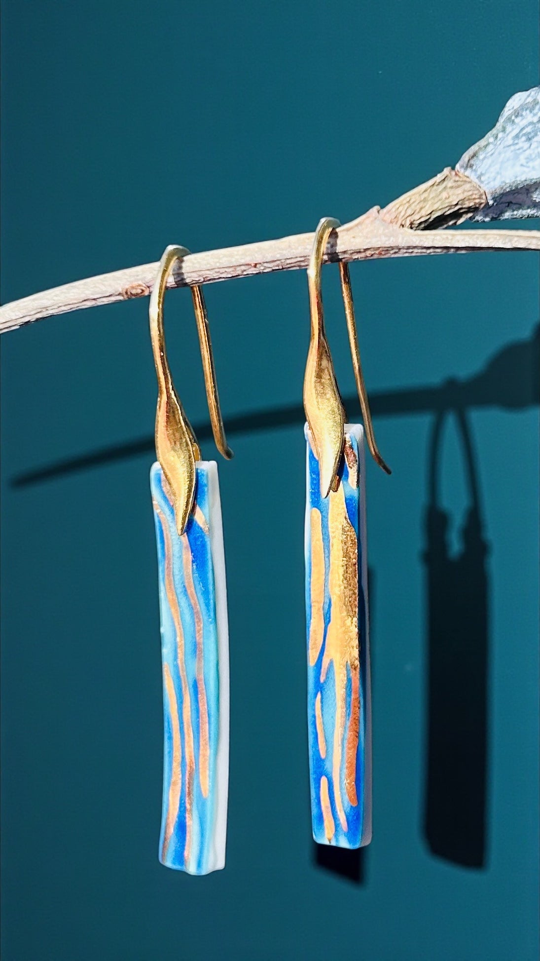 Memory of a Tide – Long blue Porcelain Earrings with 22k Gold Luster (Hand‑Painted Ceramic Jewelry)