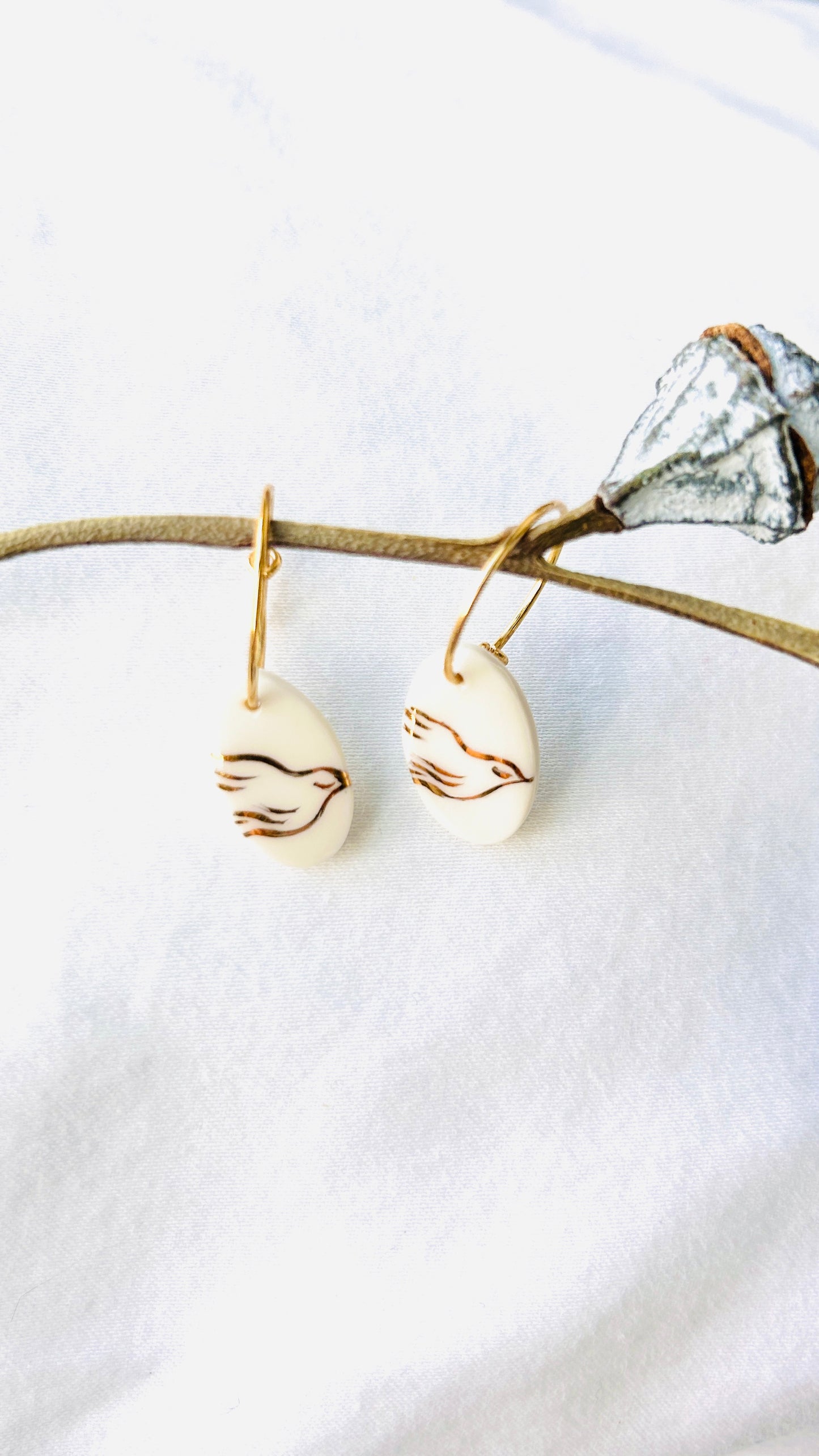 Porcelain dove earrings - 22 k gold luster