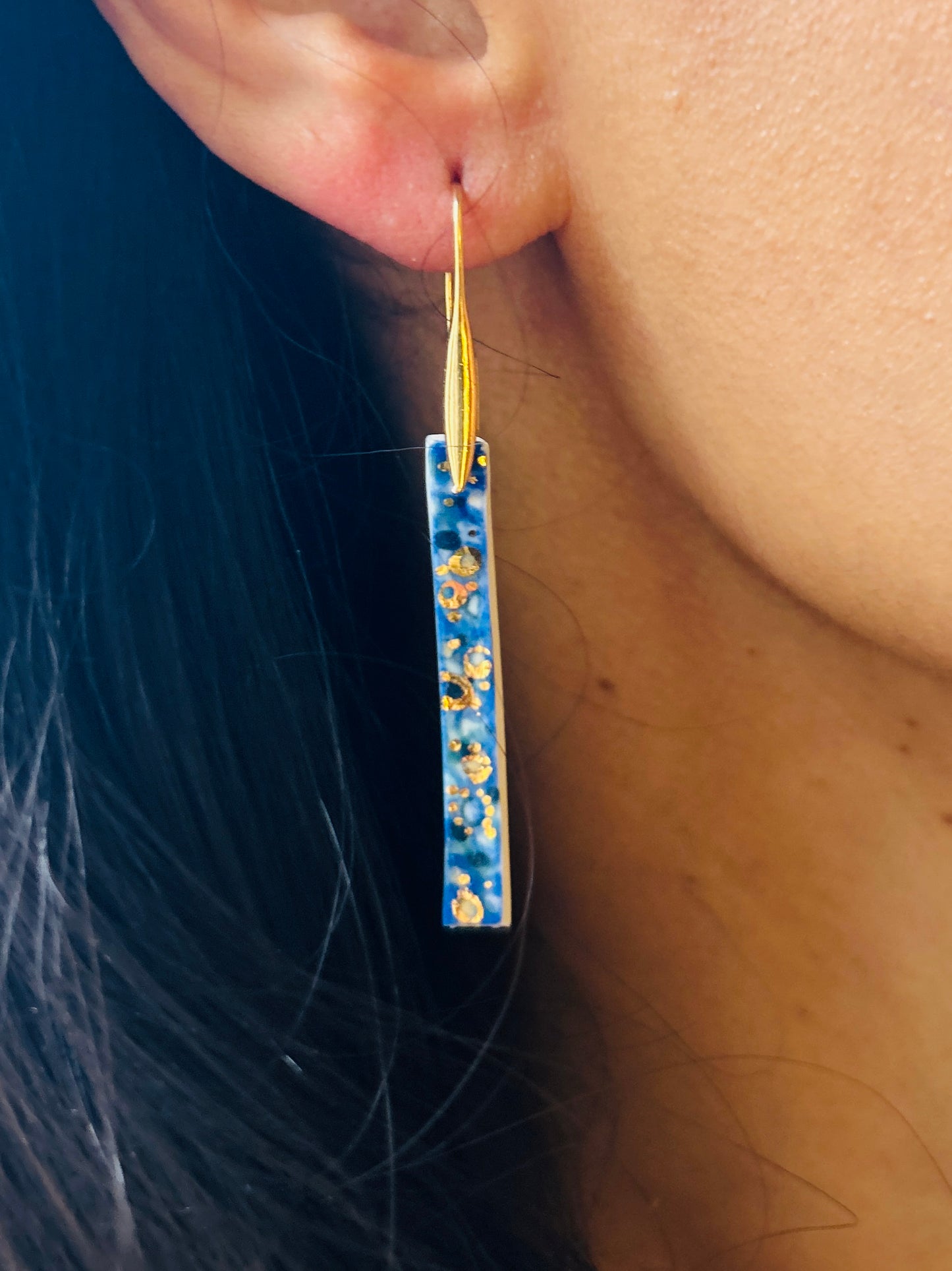 ‘Starry Night’ – Long blue Porcelain Earrings with 22k Gold Luster (Hand‑Painted Ceramic Jewelry)